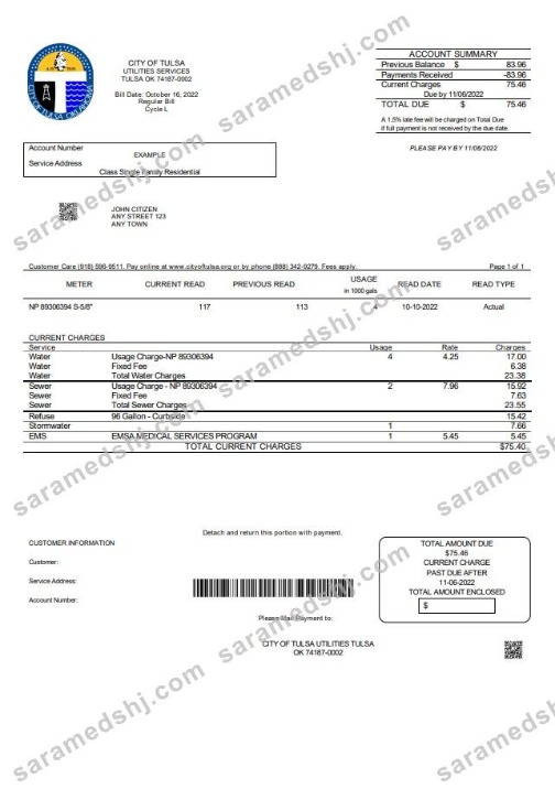 USA Oklahoma City of Tulsa utility bill template in Word and PDF format